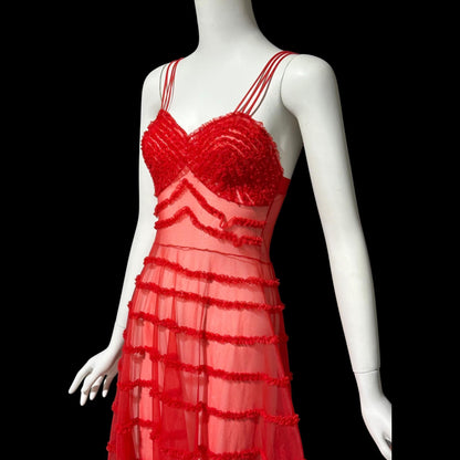 1950s vintage nightgown slip dress, sheer nylon lipstick red ruffled twirling night dress