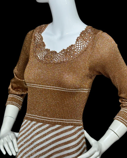 WENJILLI, vintage 1970s lurex maxi dress, Copper Metallic lurex Knit Maxi Dress Crochet Neckline