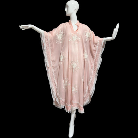 1970s Vintage sheer caftan dress, baby pink cotton poly blend with white embroidered flowers
