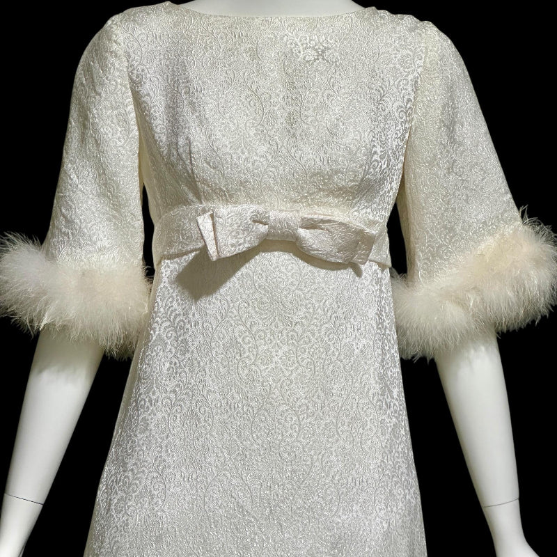 1960s vintage wedding dress gown, shimmering pearly white damask & marabou feathers bridal evening dress
