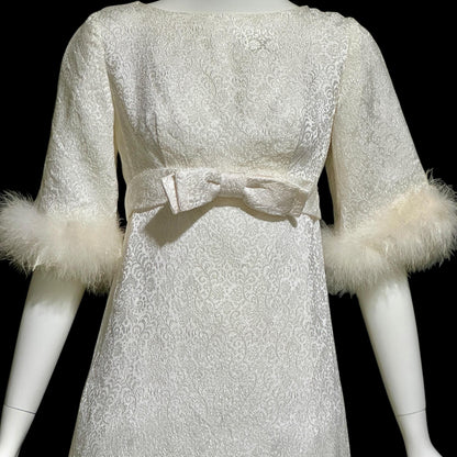 1960s vintage wedding dress gown, shimmering pearly white damask & marabou feathers bridal evening dress