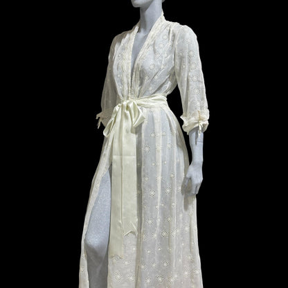 KICKERNICK Lingerie, vintage 1940s Sheer Dressing Gown: White eyelet Robe, Wrap front