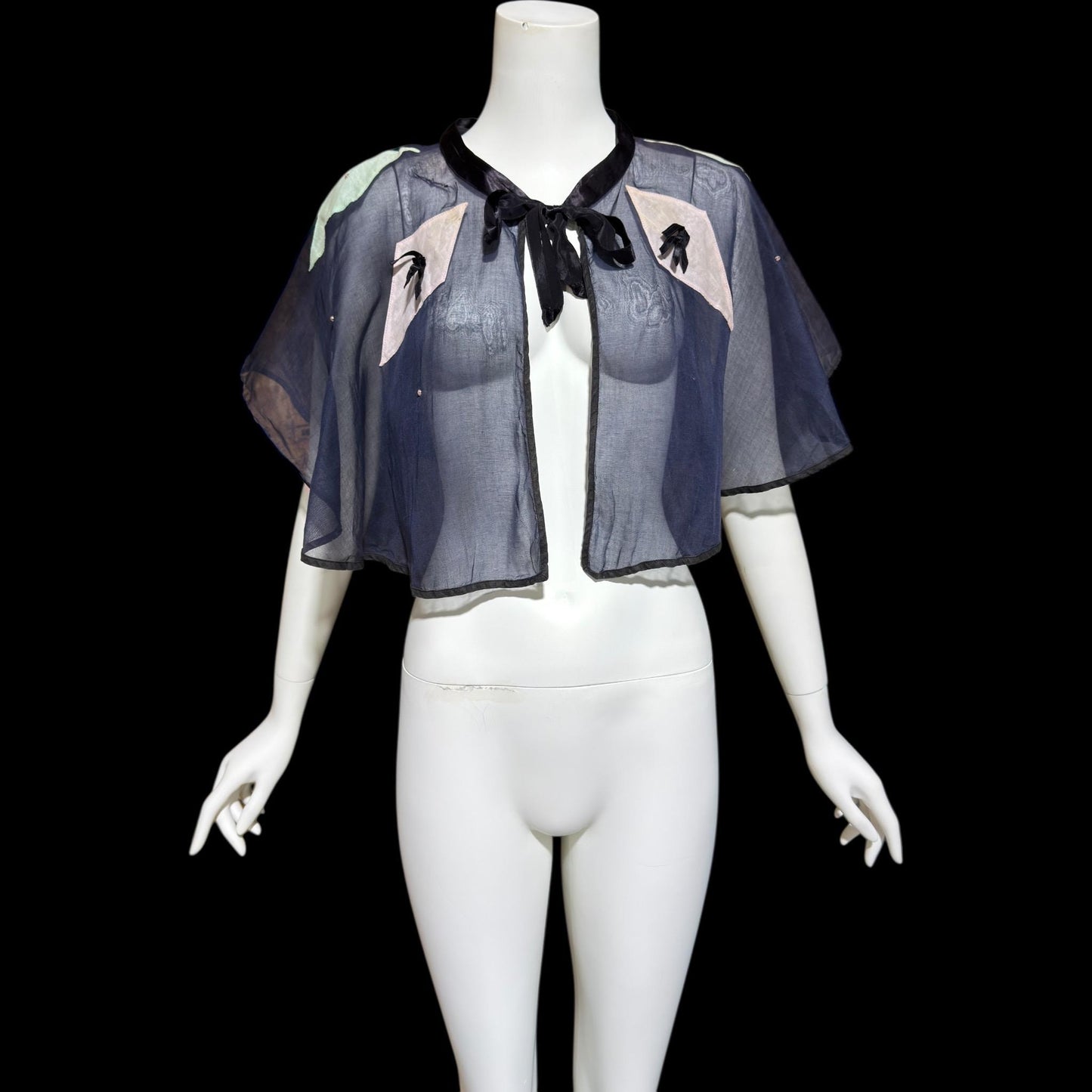 1930s Vintage collar capelet, navy blue organza harlequin shoulder cover