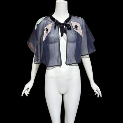1930s Vintage collar capelet, navy blue organza harlequin shoulder cover