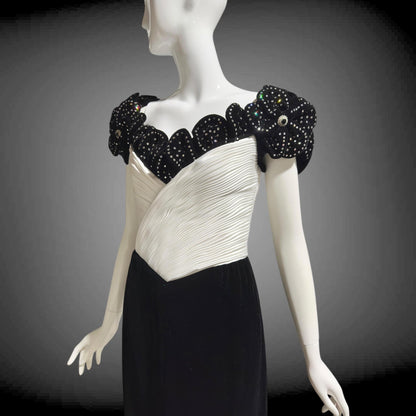 1980s Vintage evening dress gown,  Black Velvet White Plisse and Rhinestones off shoulder gown
