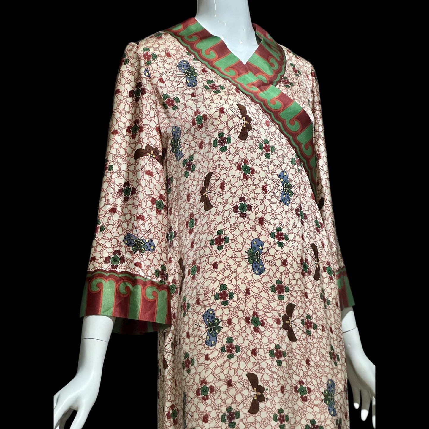 GALITZINE vintage 1960s butterfly print caftan dress, and SAKOWITZ, shift cut gown