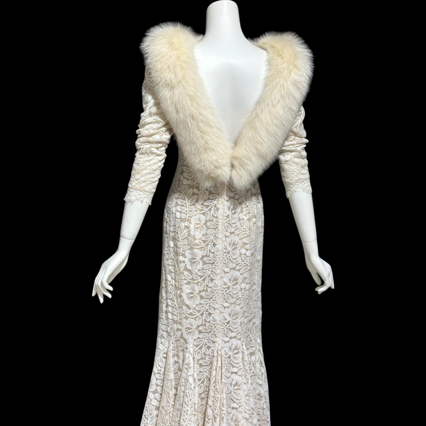 PAT RICHARDS Michael Maiello, vintage 1980s evening dress, white lace & fox collar dynasty glam gown