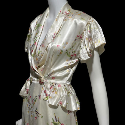 MISS ELAINE vintage 1940s Dressing Gown Robe, Shiny Satin floral Wrap Housecoat Lingerie Dress