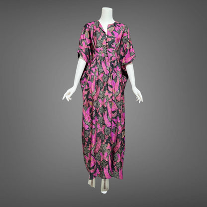 DESIGN THAI BANGKOK, vintage 1960s caftan dress, maxi party dress, hot pink butterfly print silk dress
