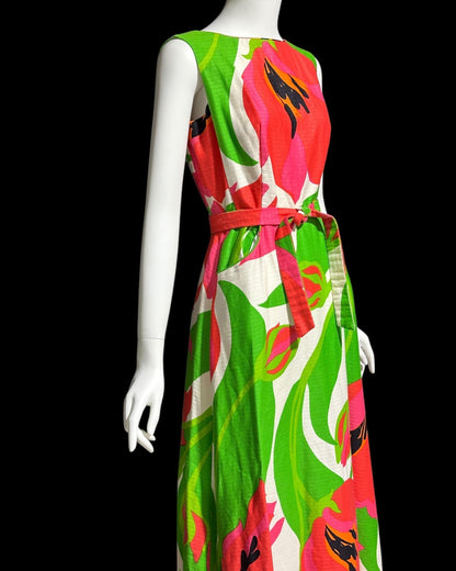 MALIA HONOLULU, vintage 1960s dress, Hawaiian wrap cotton maxi sundress, Hot Pink Green Summer Beach Party dress