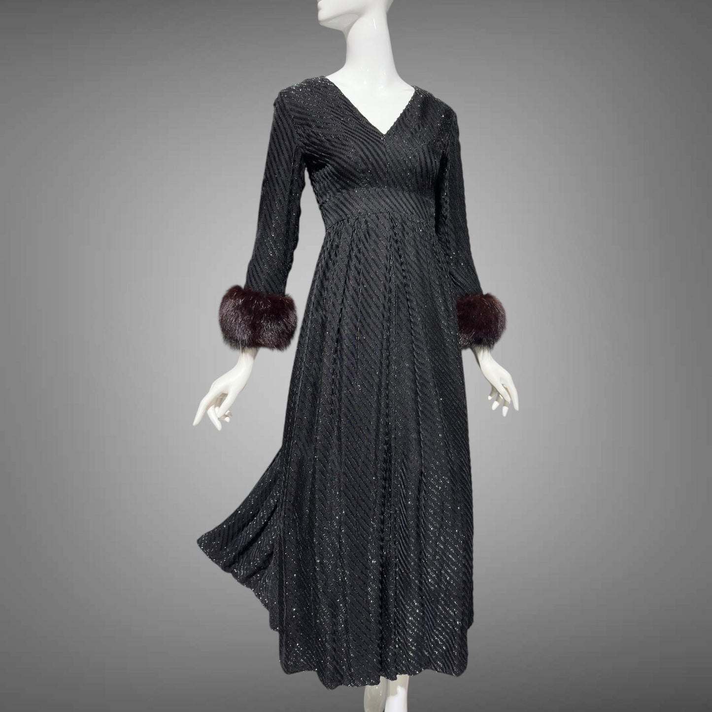 LILLIE RUBIN Vintage 1970s evening gown, Black eye lash Sparkly Gown with Fur Cuffs