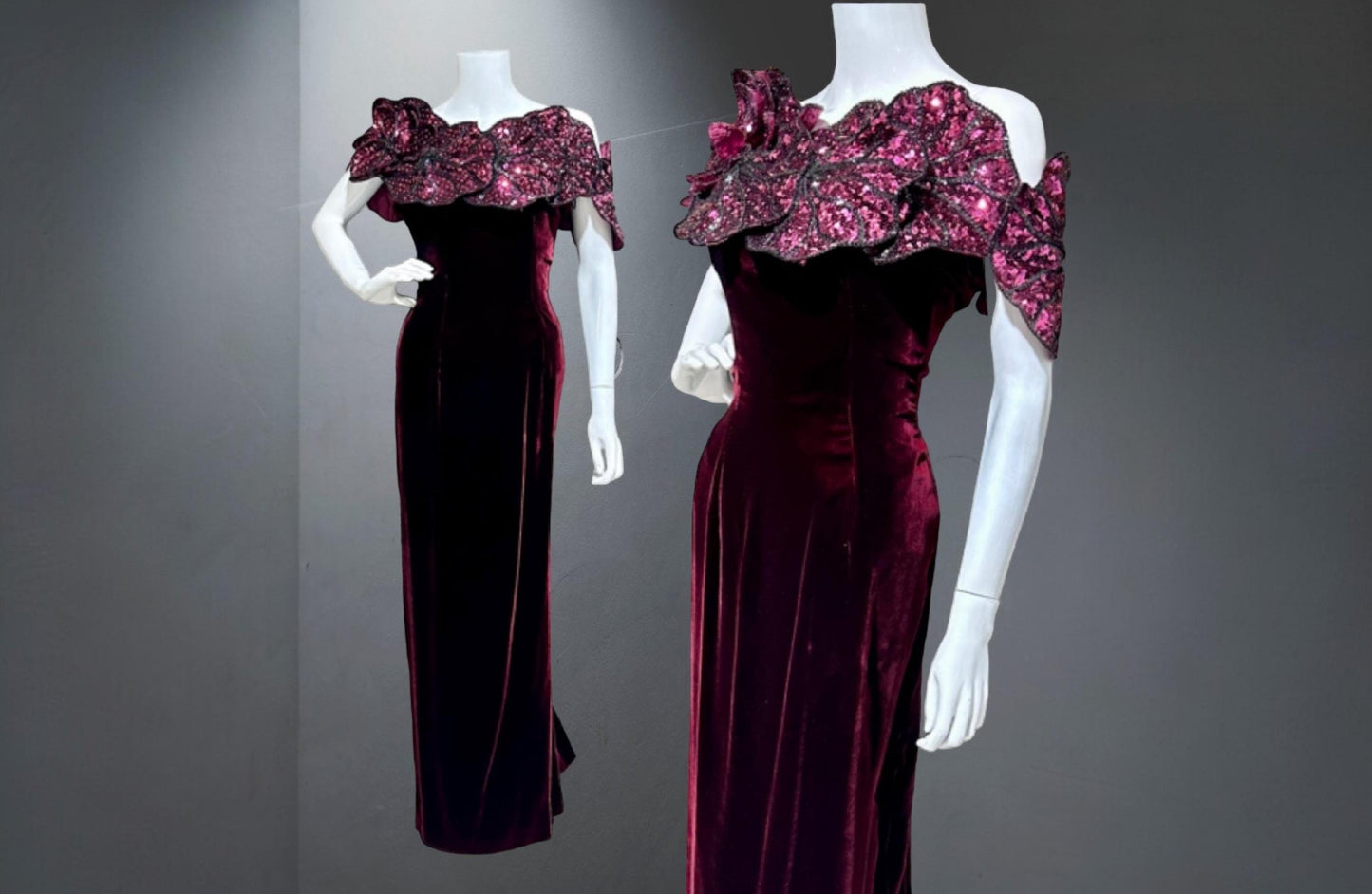 EUGENE ALEXANDER 1980s vintage evening gown, burgundy velvet sheath dress, HUGE Sequin Flowers