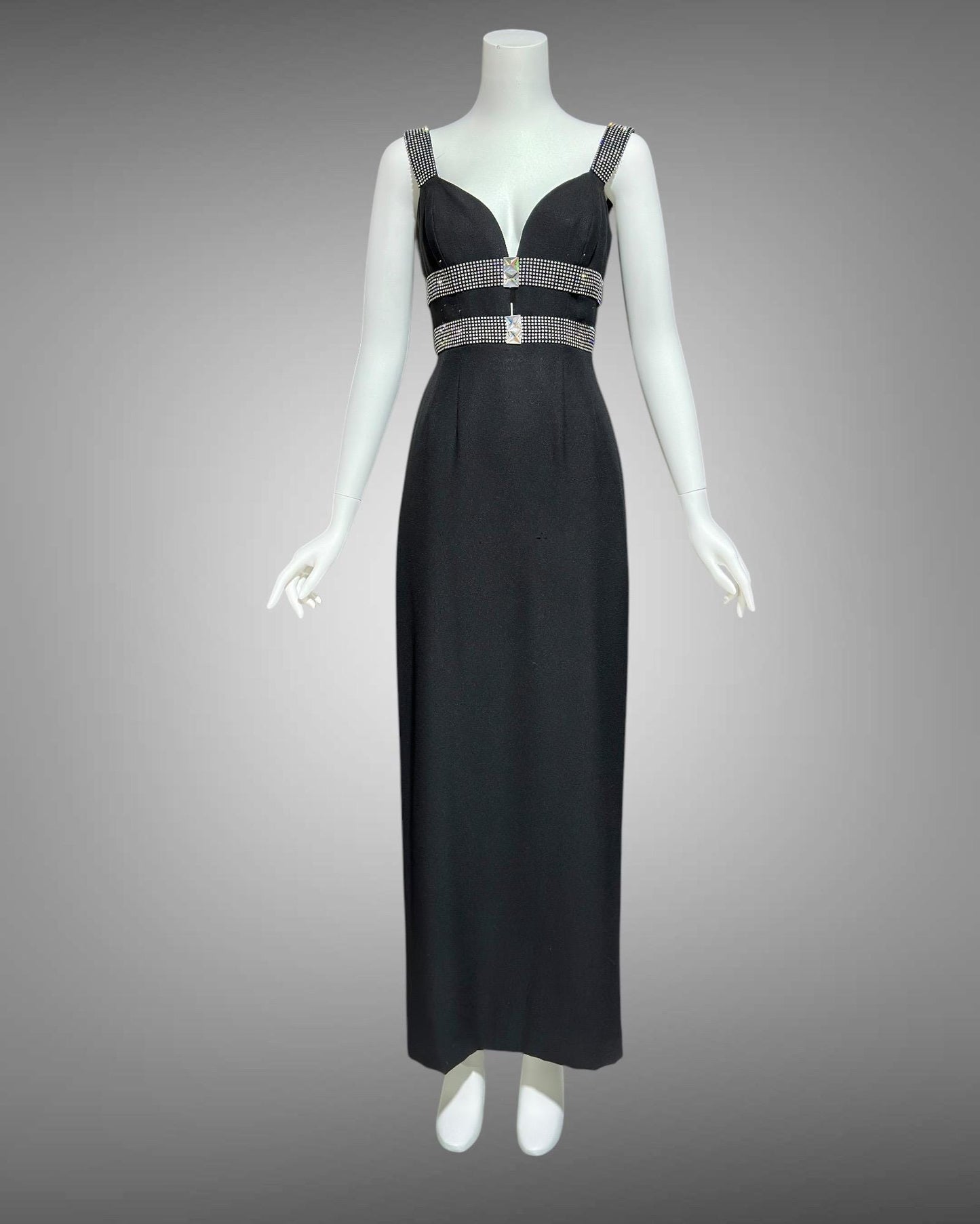 PATRICIA RHODES 1980s vintage black sheath column evening gown with rhinestone trim