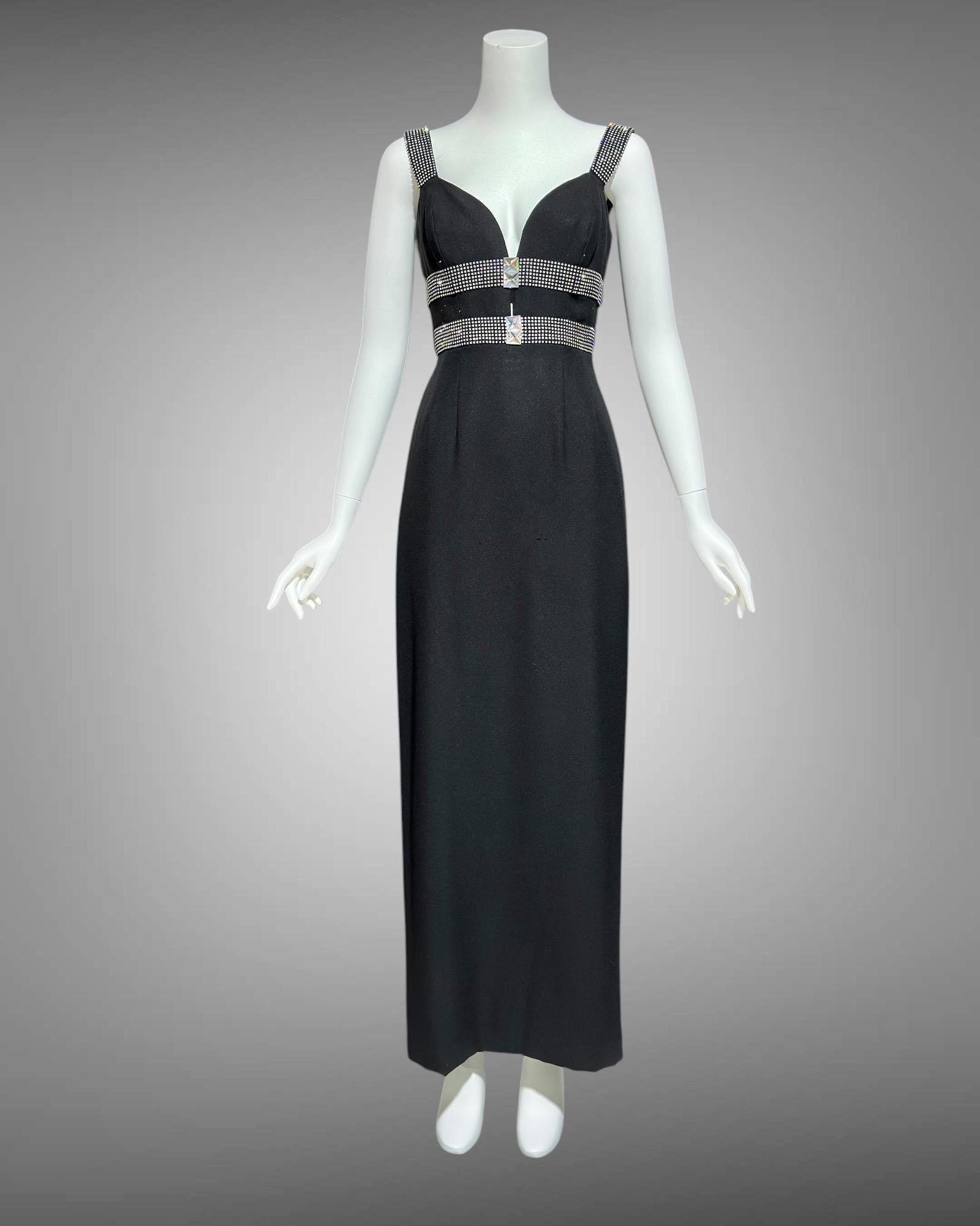 PATRICIA RHODES 1980s vintage black sheath column evening gown with rhinestone trim