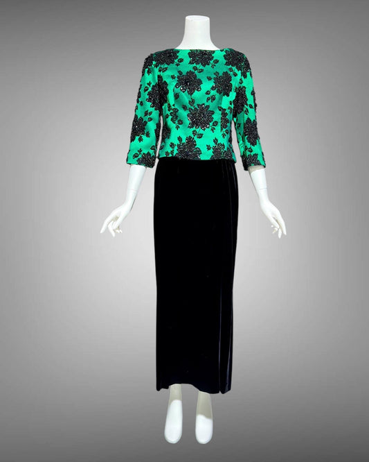 SAKS FIFTH AVE 1960s vintage evening dress, Beaded Black Velvet Green Satin 2 piece long dress