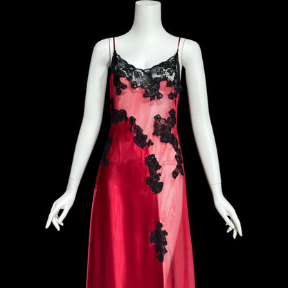 FREDERICK'S Attributed, vintage 1980s Slip Dress, Red and black satin and sheer mesh, lace and sequins, sheath night dress