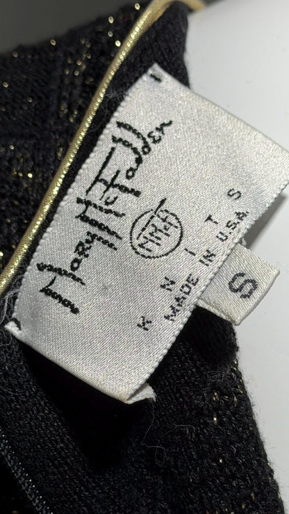 MARY MCFADDEN vintage 1970s knit cocktail dress, Black Gold Long Sleeve Office Party dress