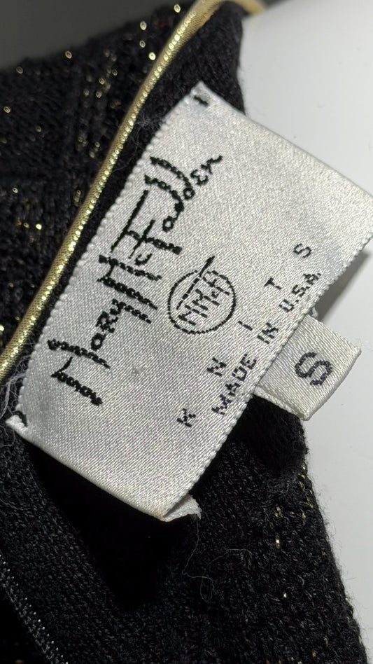 MARY MCFADDEN vintage 1970s knit cocktail dress, Black Gold Long Sleeve Office Party dress