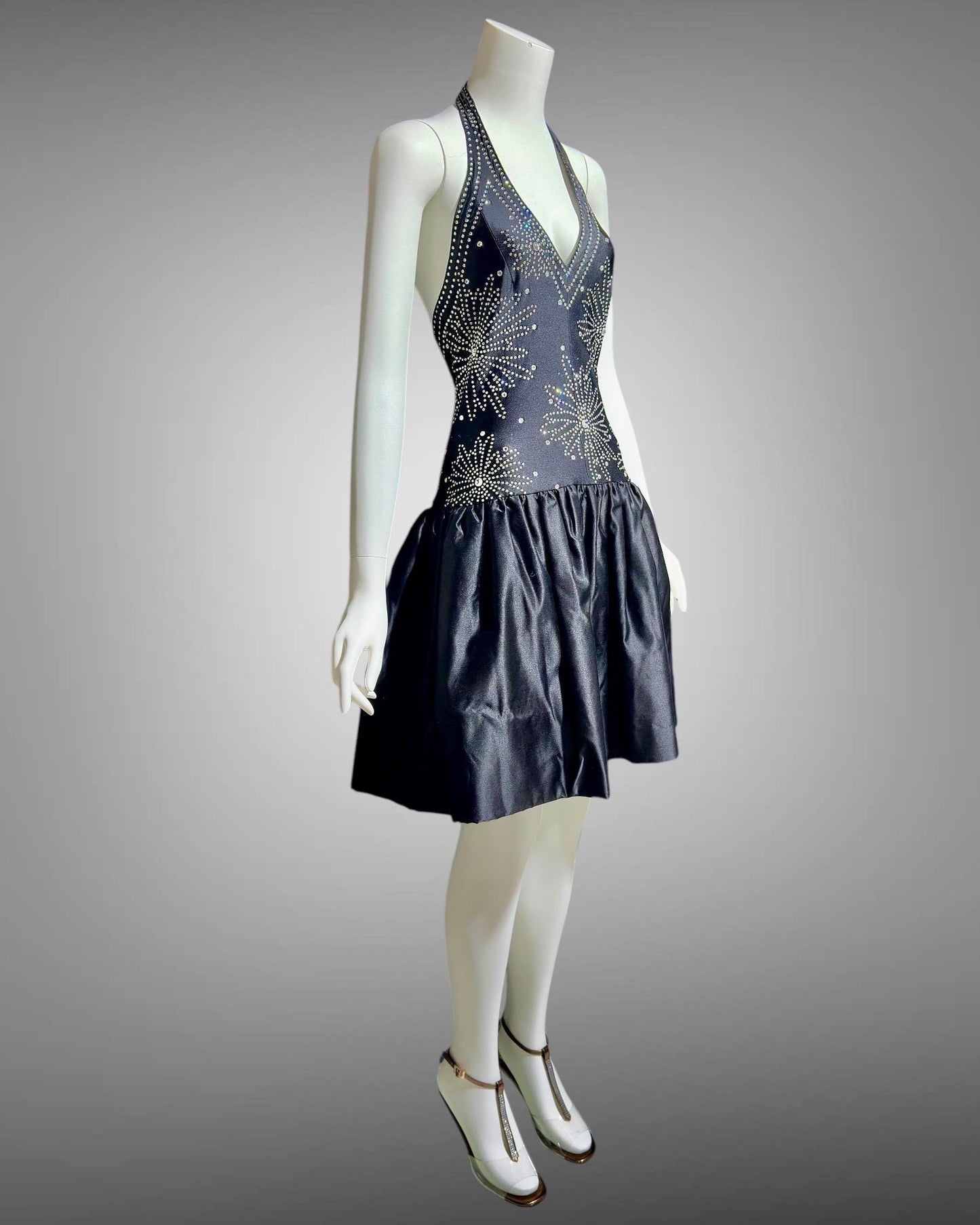 1980s vintage evening cocktail dress, stretchy black halter top with bubble mini skirt party dress