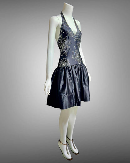 1980s vintage cocktail dress, stretchy black halter top with bubble mini skirt party dress