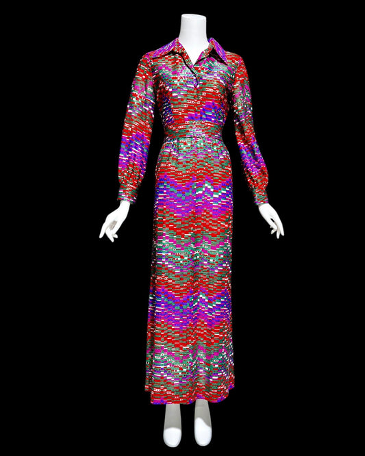 BRENNER COUTURE vintage 1970s hostess dress, Eleanor Brenner metallic op art red purple blue maxi shirtdress cocktail party dress