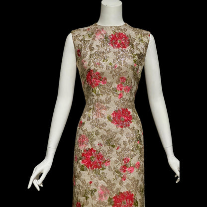 SANDRA SAGE, Vintage 1960s cocktail wiggle dress, red flowers and gold metallic mod dress