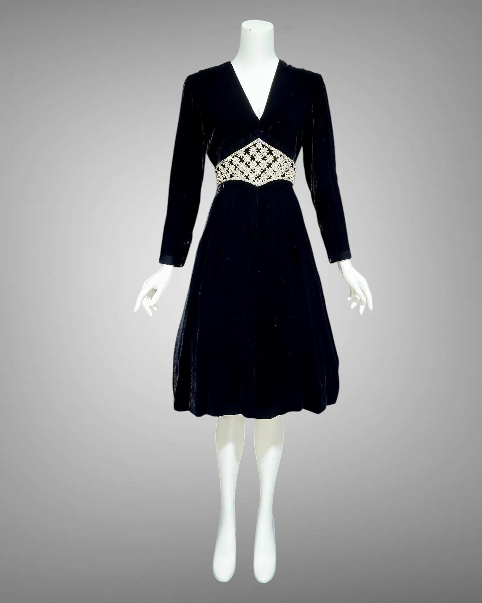 MOLLIE PARNIS for SAKS black velvet cocktail dress, 1960s Rhinestone encrusted waist