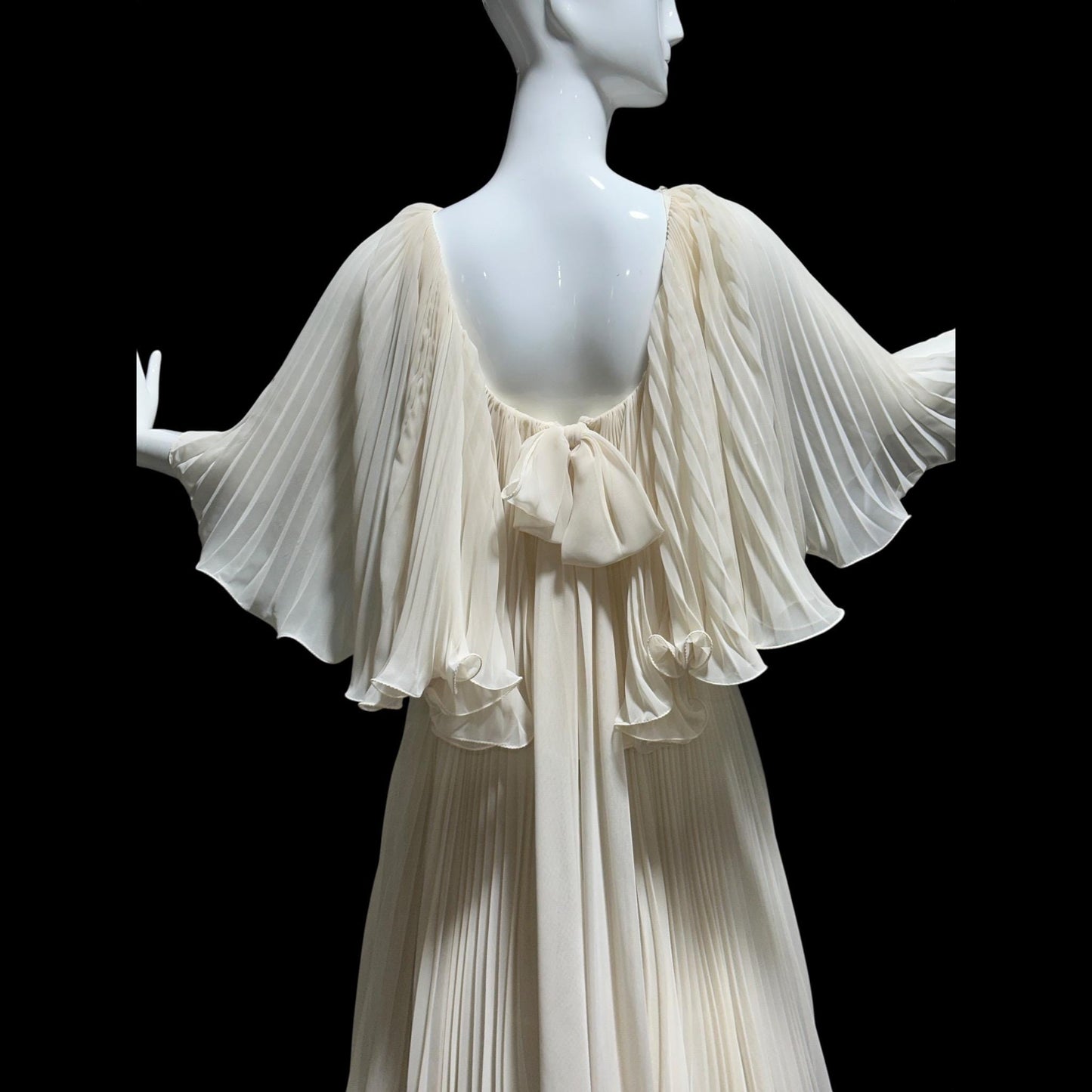 1960s vintage evening dress gown, almond white lace pleated dress, ruffled cape collar