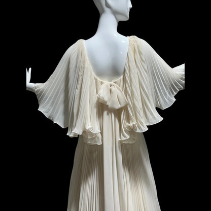 1960s vintage evening dress gown, almond white lace pleated dress, ruffled cape collar