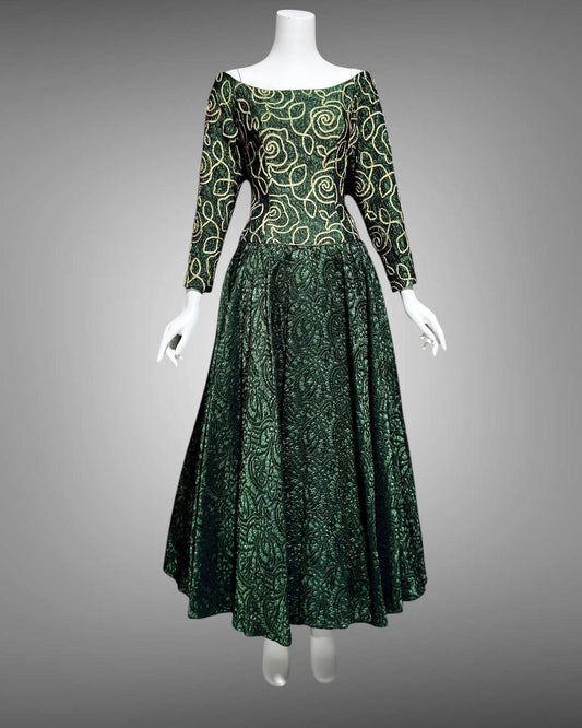 TERENCE NOLDER London, 1980s vintage gown, deep green and gold long sleeve ball gown