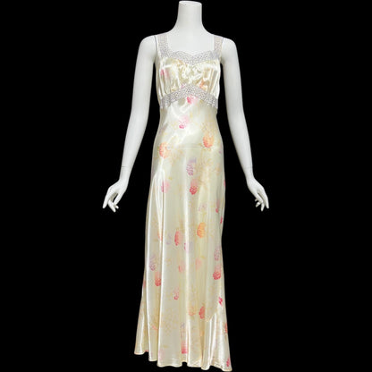RADCLIFFE vintage 1930s nightgown, "Great Master Print" floral hydrangea night dress, bias cut with pale blue eyelet lace