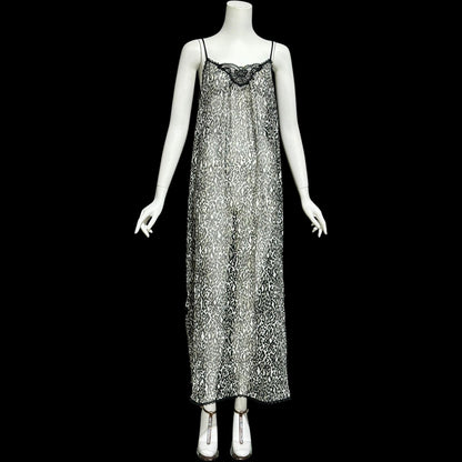 LUCIE ANN vintage 1970s nightgown robe peignoir set, black and white sheer animal print negligee slip dress set