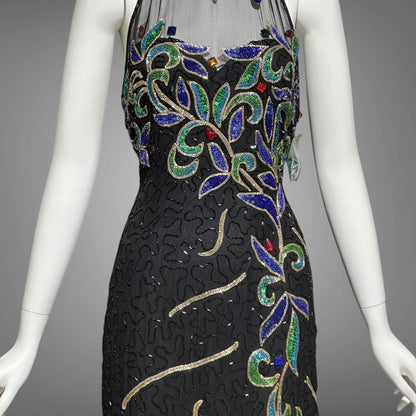 J REYNOLDS DESIGNS, vintage 1990s evening dress, Deadstock Black Beaded Halter Party slip dress