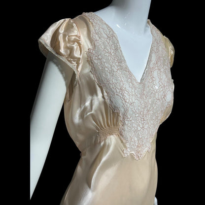 Femicraft vintage 1930s Rayon Slip Dress: Bias Cut Shiny Pale Peach Nightgown, Lace Trim