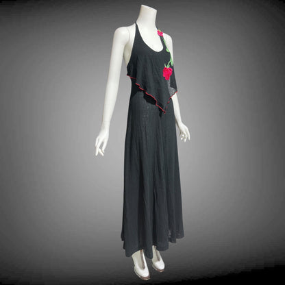 YOUNG EDWARDIAN by ARPEJA, vintage 1970s black crinkle cotton gauze maxi dress