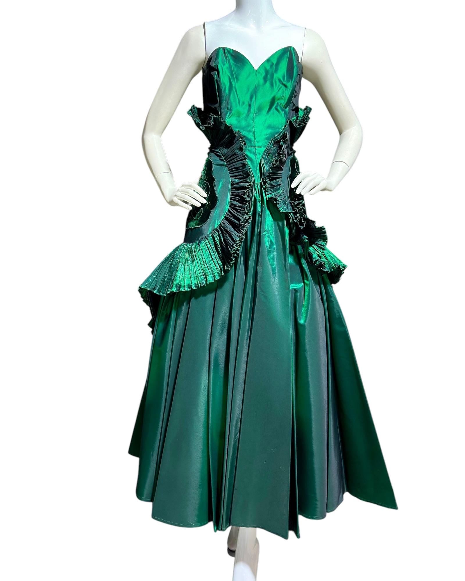 BLUME, vintage 1980s prom dress, Forest Green satin and ruffles, strapless cocktail party dress