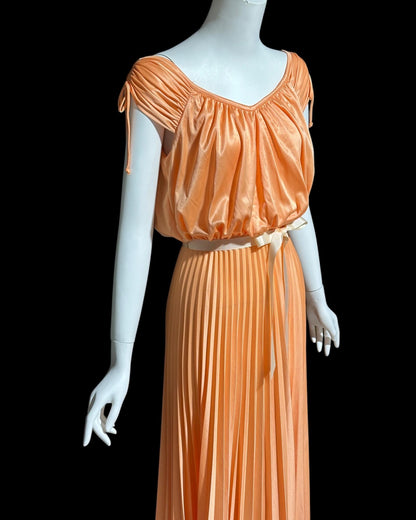 1970s vintage evening dress, peach blouson pleated jersey knit goddess gown