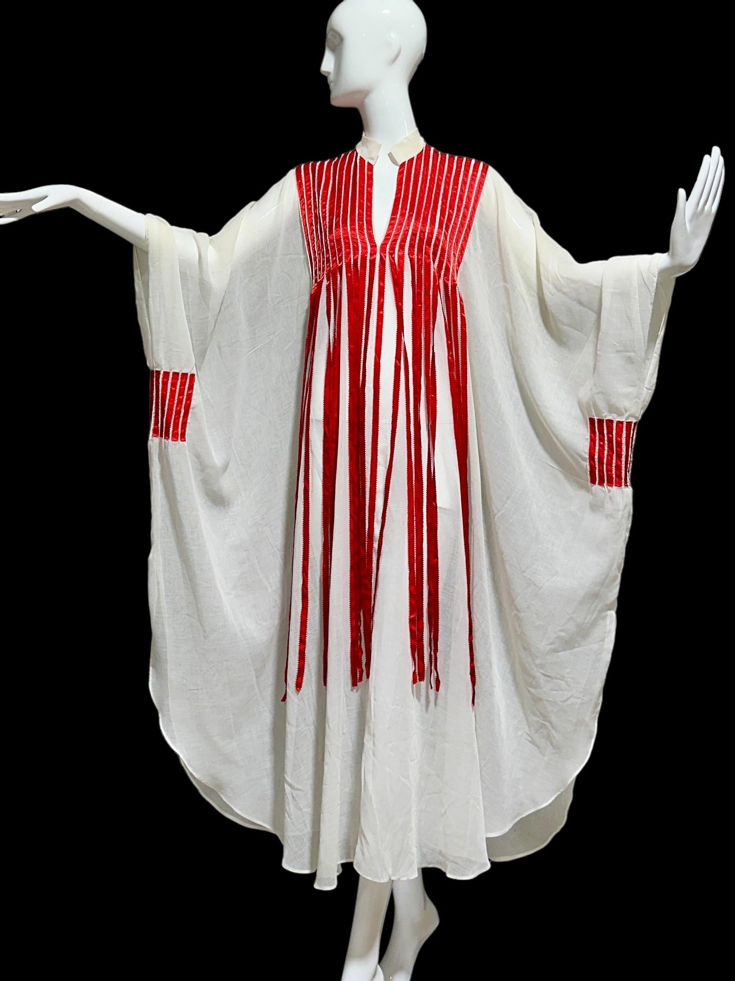 1970s Vintage white gauze caftan dress, Sheer breezy fabric with streaming red ribbons