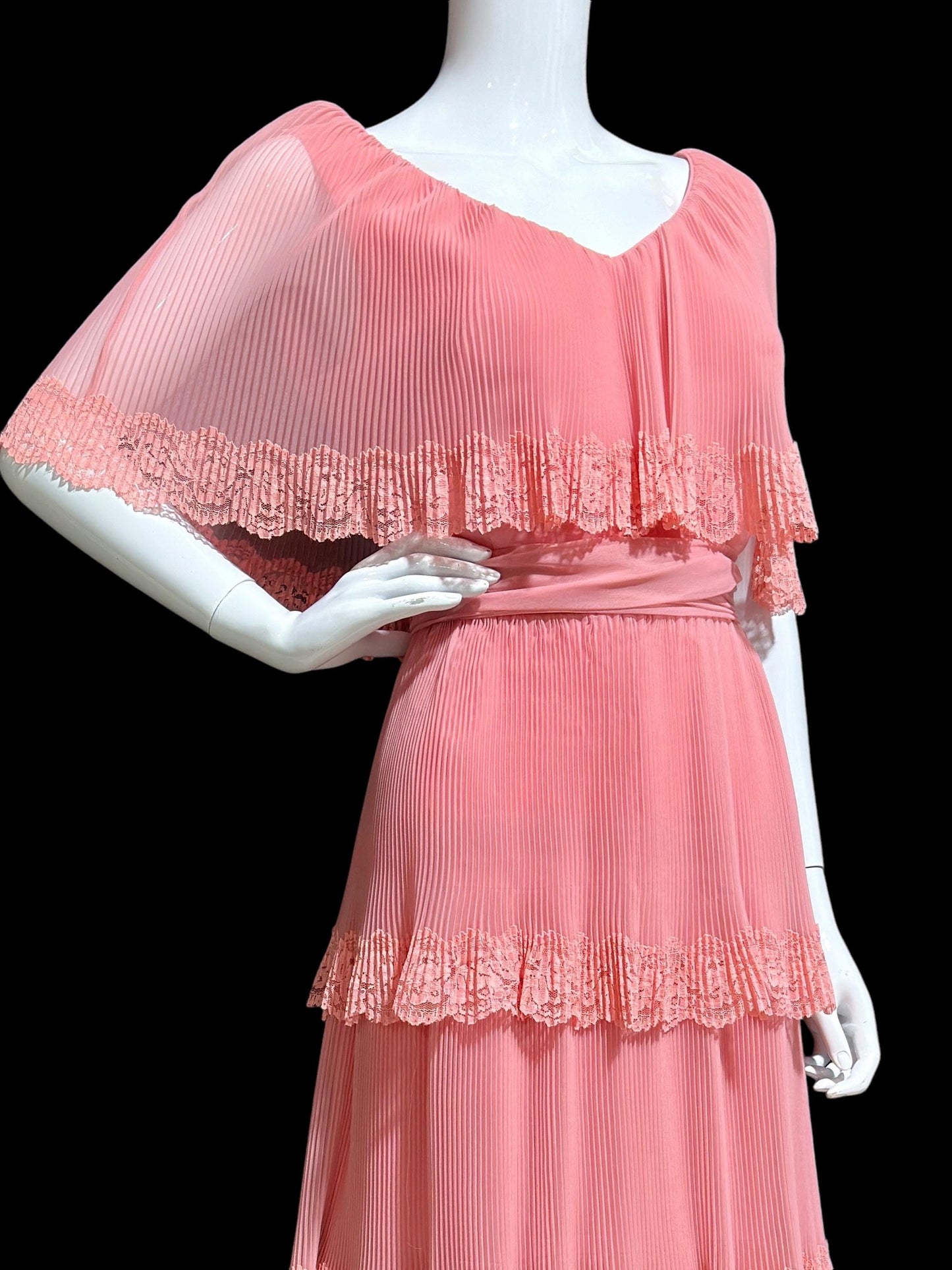 MISS ELLIETTE vintage 1970s pleated chiffon evening gown, Old Rose Pink tiered skirt maxi dress with ruffled collar