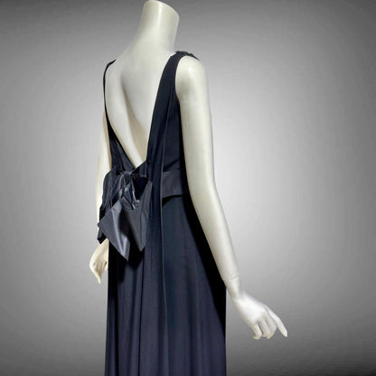 CAMEO vintage 1960s evening dress gown, black formal dress, backless watteau back