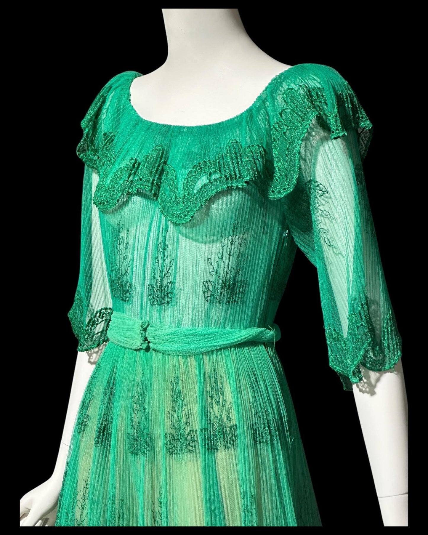 FRANK USHER vintage 1970s green embroidered net gown, ruffle neckline, full sweep party dress