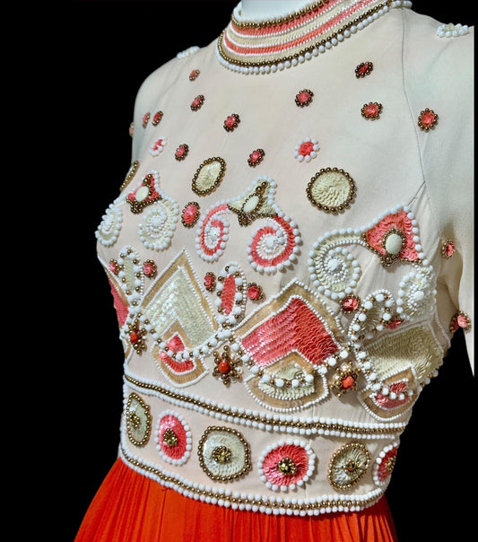 DARNELL OF LONDON, vintage 1960s evening dress, Orange beaded chiffon gown