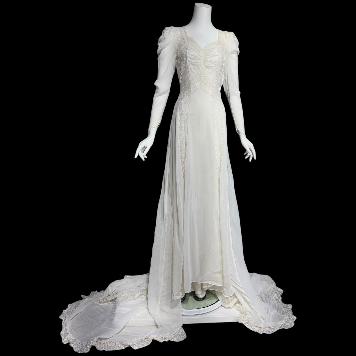 1940s vintage wedding dress, White sheer long sleeve sheath slip gown with train and slip