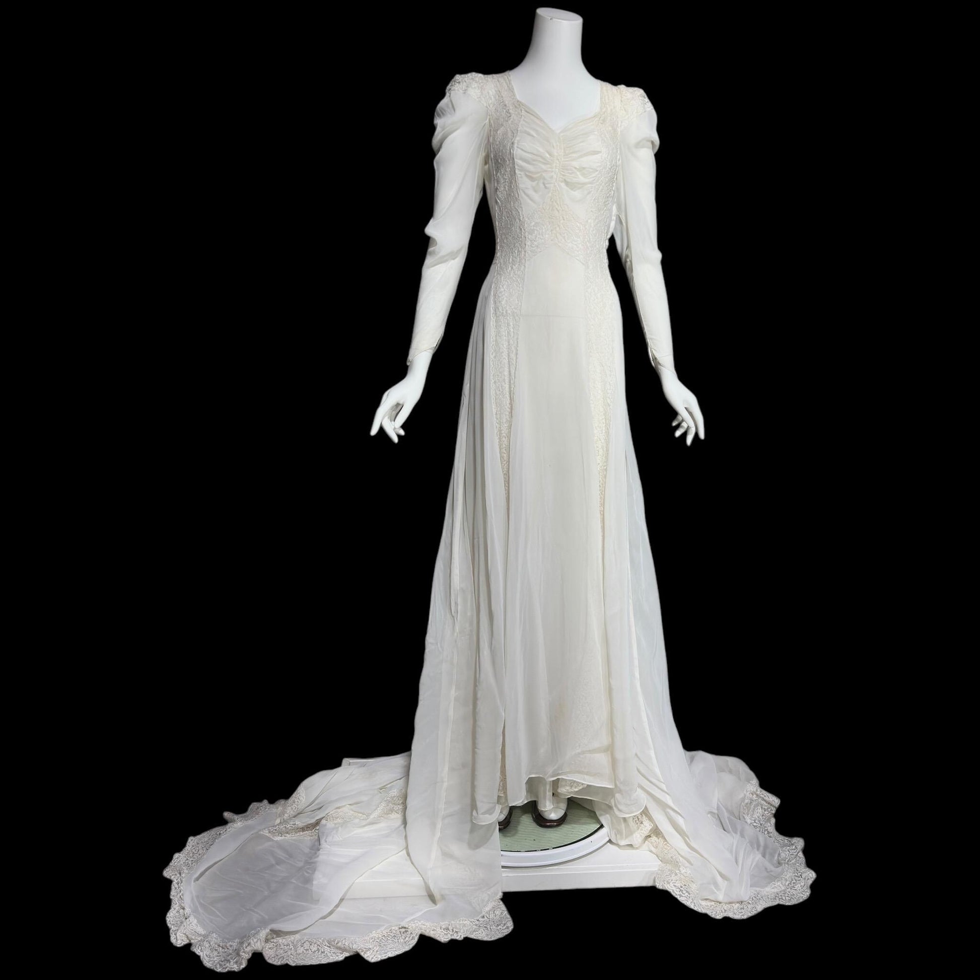 1940s vintage wedding dress, White sheer long sleeve sheath slip gown with train and slip