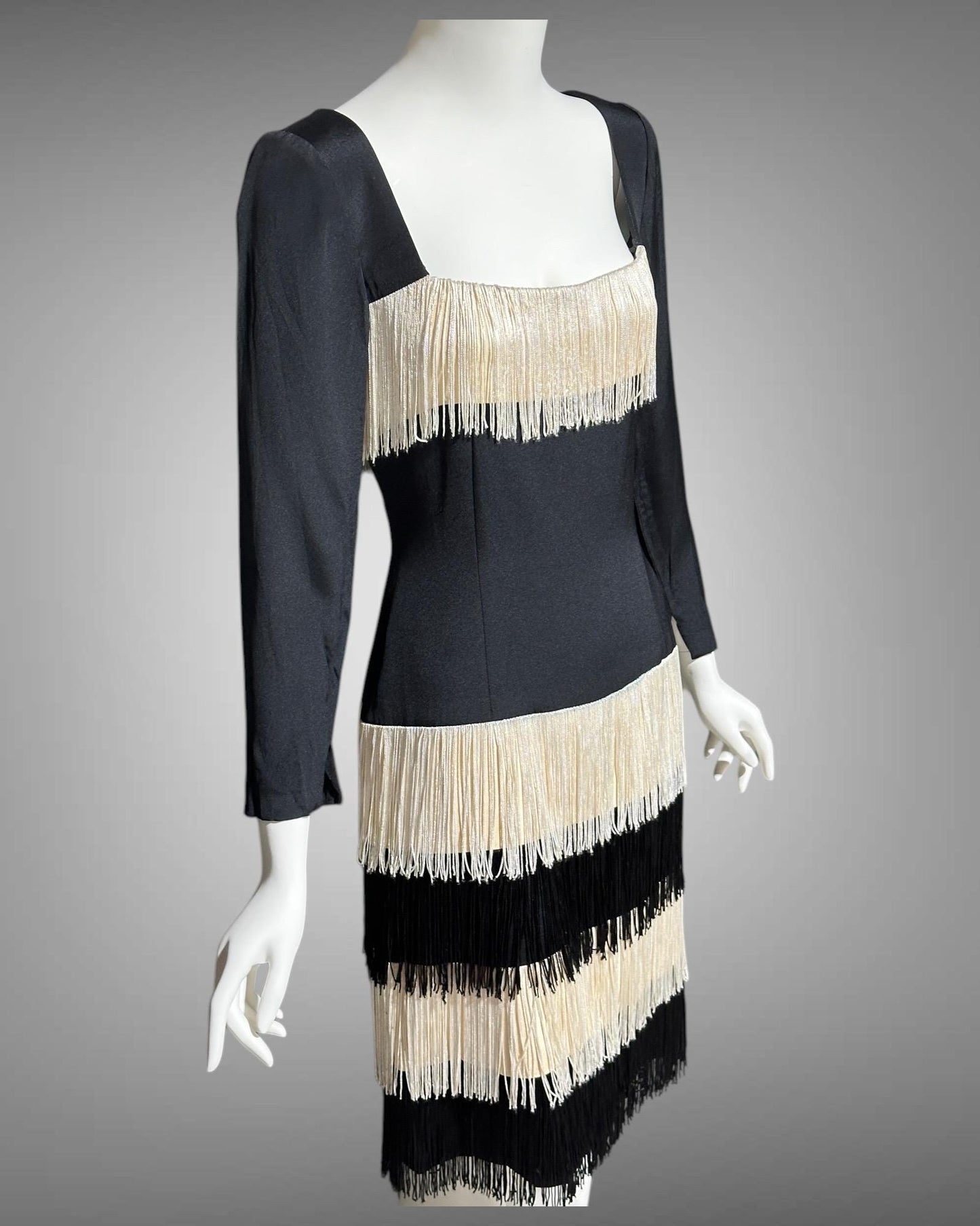 TRAVILLA vintage evening cocktail dress, 1960s black white fringed mod party dress