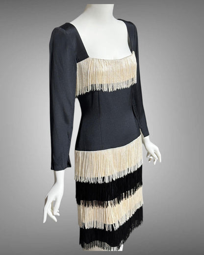 TRAVILLA vintage evening cocktail dress, 1960s black white fringed mod party dress