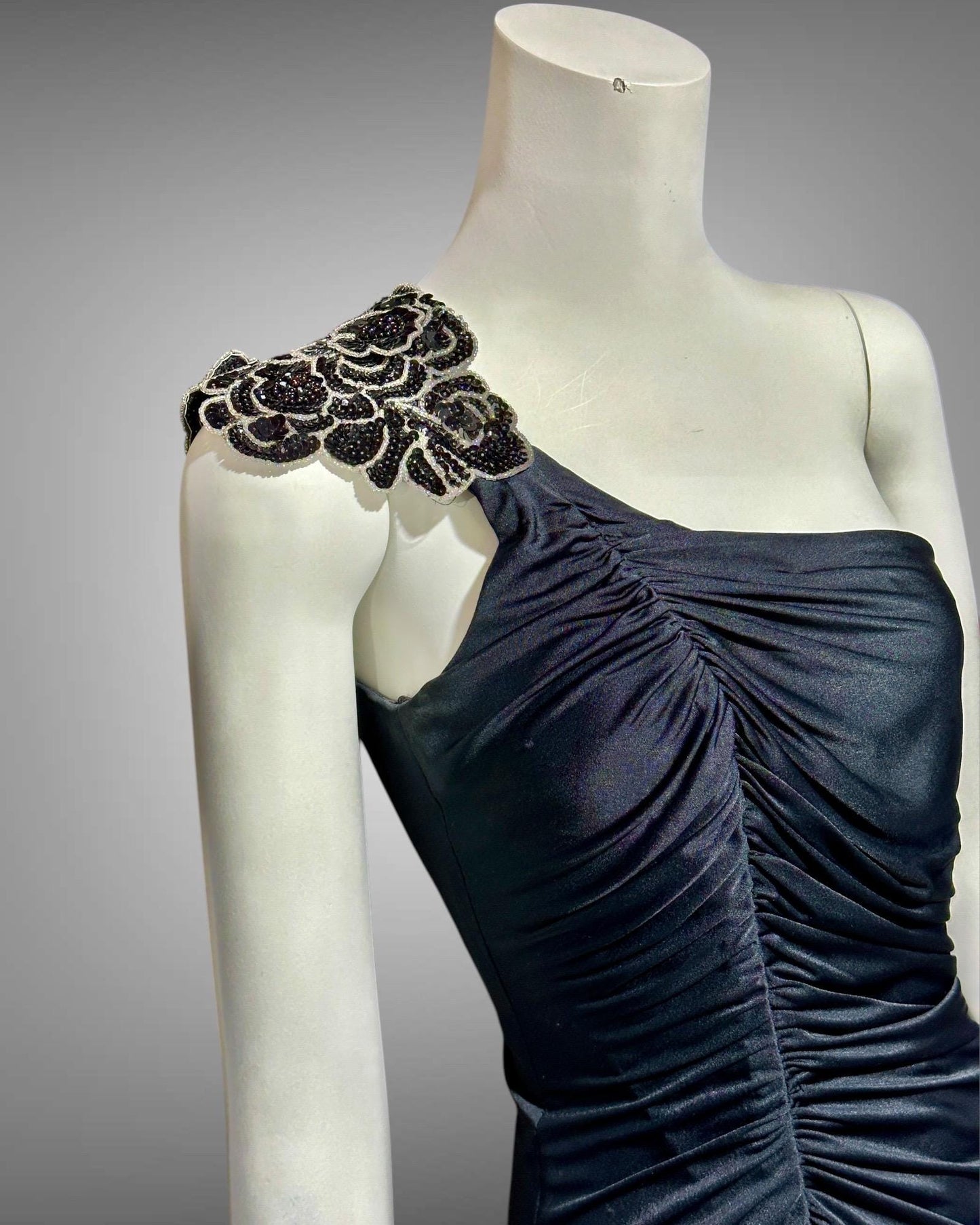 EUGENE ALEXANDER 1980s vintage Slinky Black sheath evening dress, One Shoulder Grecian Goddess gown