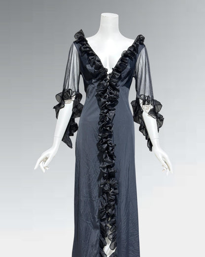 GLYDONS, vintage 1970s nightgown dress, Black sheer see through vampy house dress