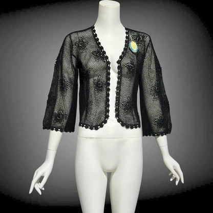 1950s vintage crochet cardigan, black 100% cotton Hand Made Shanghai cropped sweater