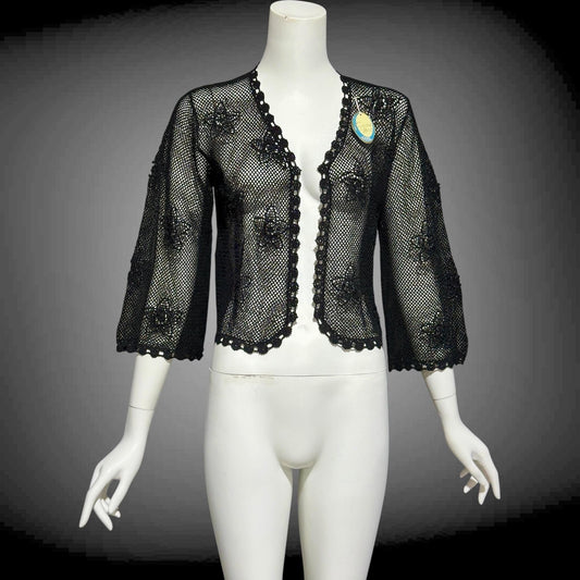 1950s vintage crochet cardigan, black 100% cotton Hand Made Shanghai cropped sweater